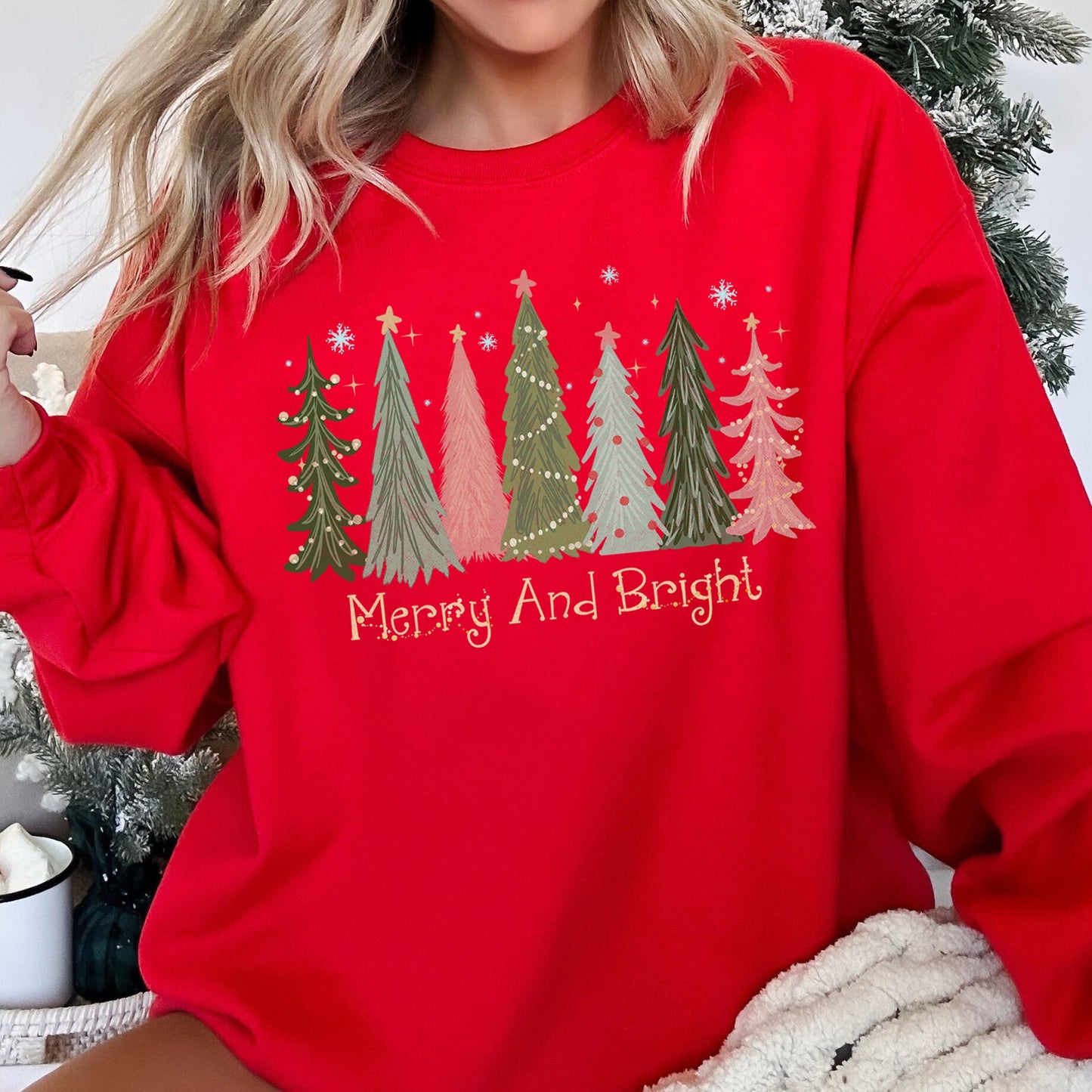 Red Merry and Bright, Christmas Trees Sweatshirt
