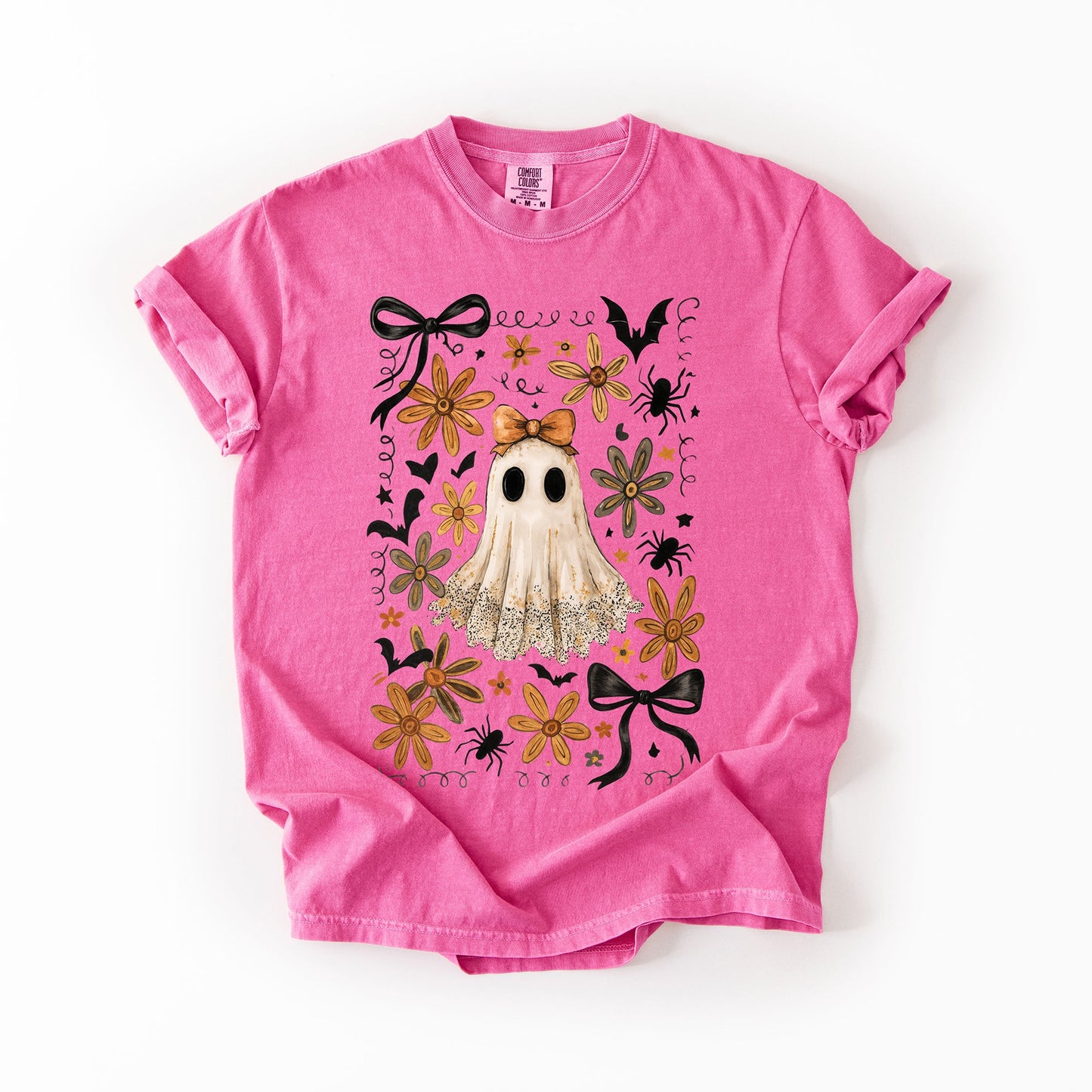 Pink Beautiful Halloween, Bows, Bats, Flowers, Comfort Colors T-Shirt