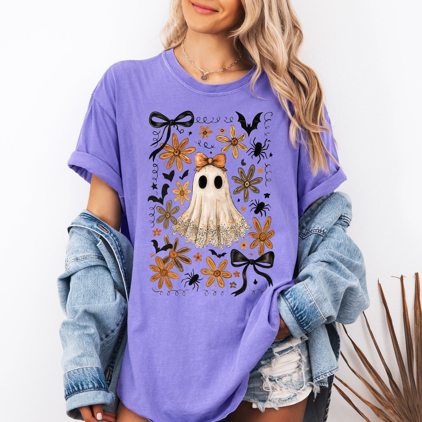 Purple Beautiful Halloween, Bows, Bats, Flowers, Comfort Colors T-Shirt