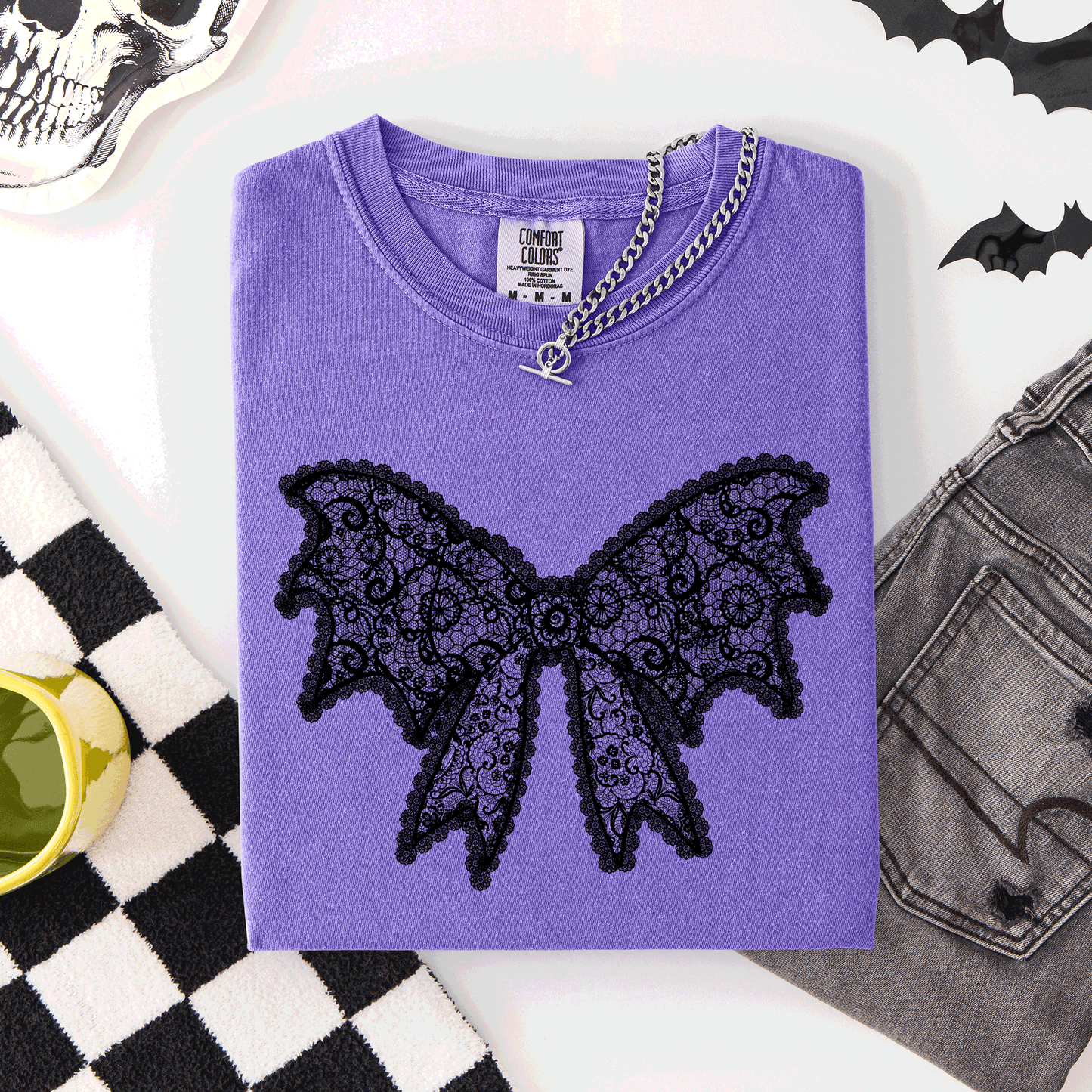 Purple Lace Bow, Halloween, Goth, Faux Lace, Ribbon, Coquette, Comfort Colors T-Shirt