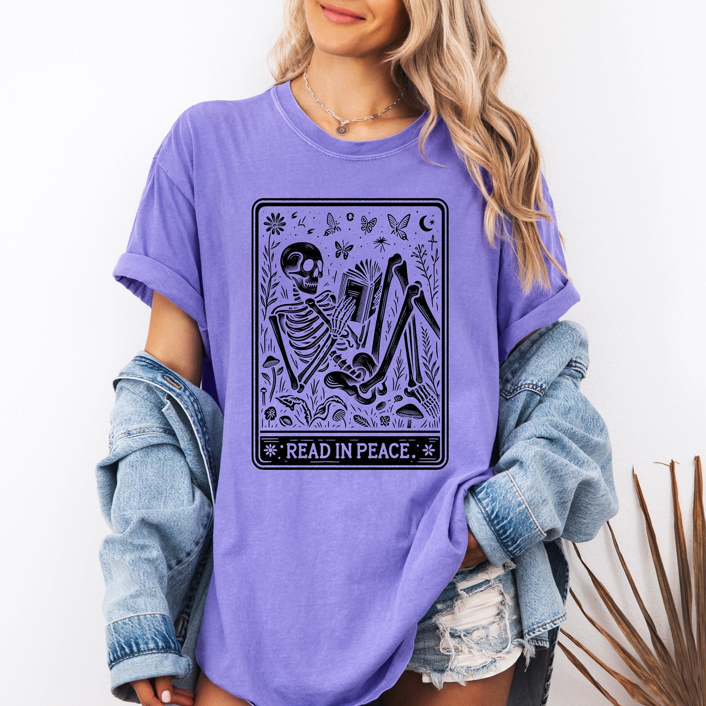 Purple Read In Peace, Halloween, Skeleton, Tarot, Books, Library, Comfort Colors T-Shirt