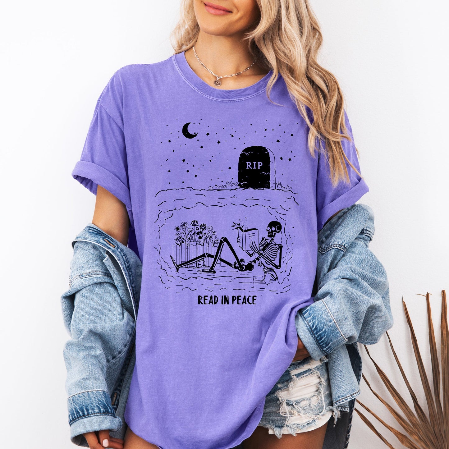 Purple Read In Peace, Skeleton, RIP, Halloween, Booktok, Bookish, Library, Trending Graphic Tee, Comfort Colors T-Shirt