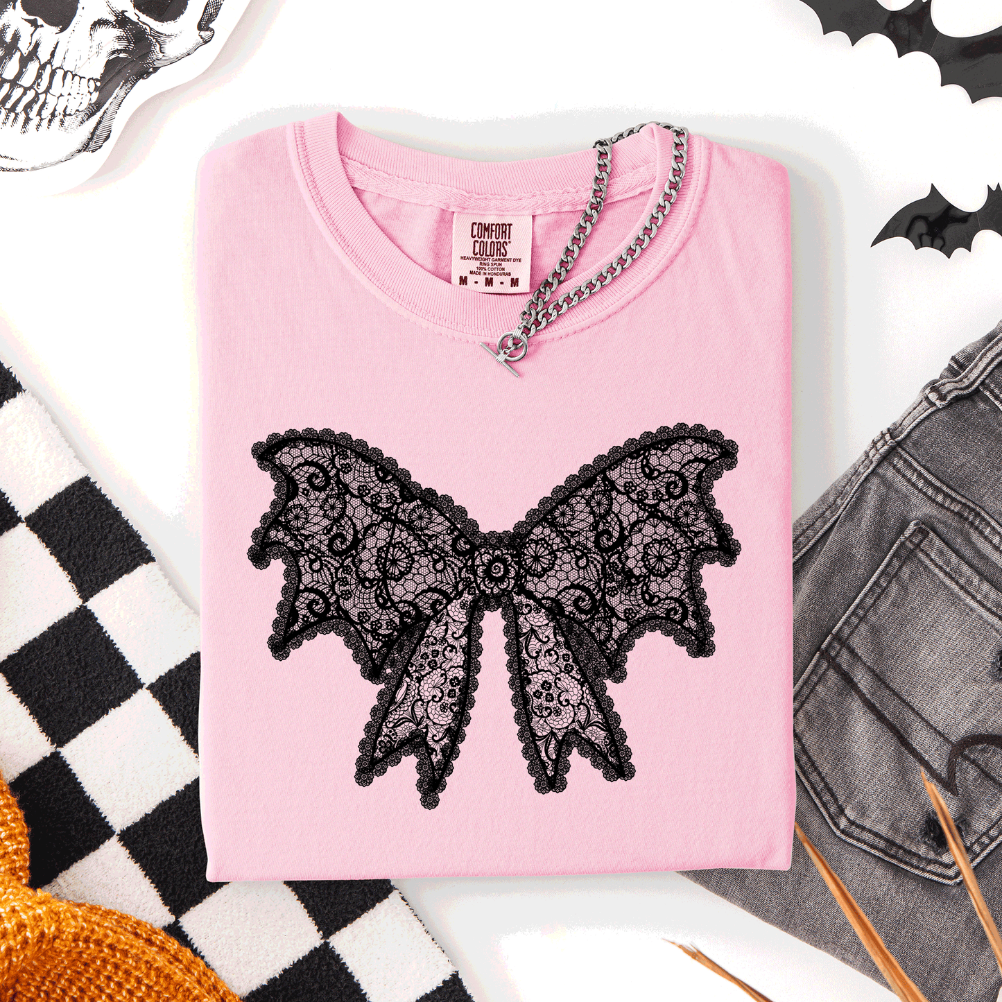 Pink Lace Bow, Halloween, Goth, Faux Lace, Ribbon, Coquette, Comfort Colors T-Shirt
