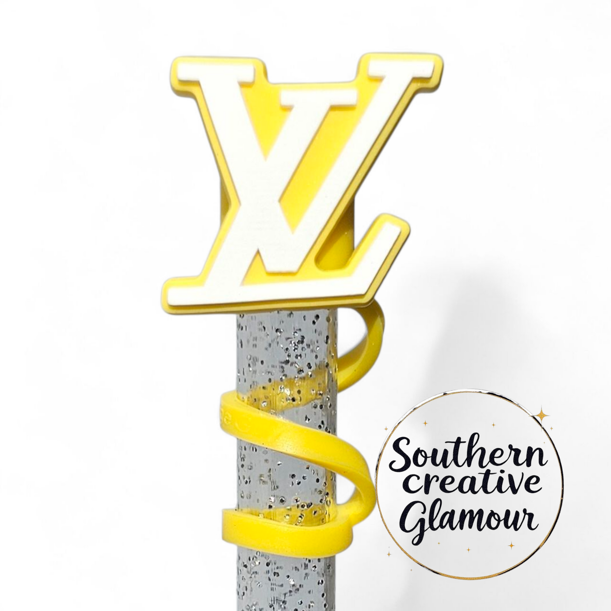 Louis Vuitton " LV " inspired Yellow & White 2D Silicone 10mm Straw Topper by Southern Creative Glamour 