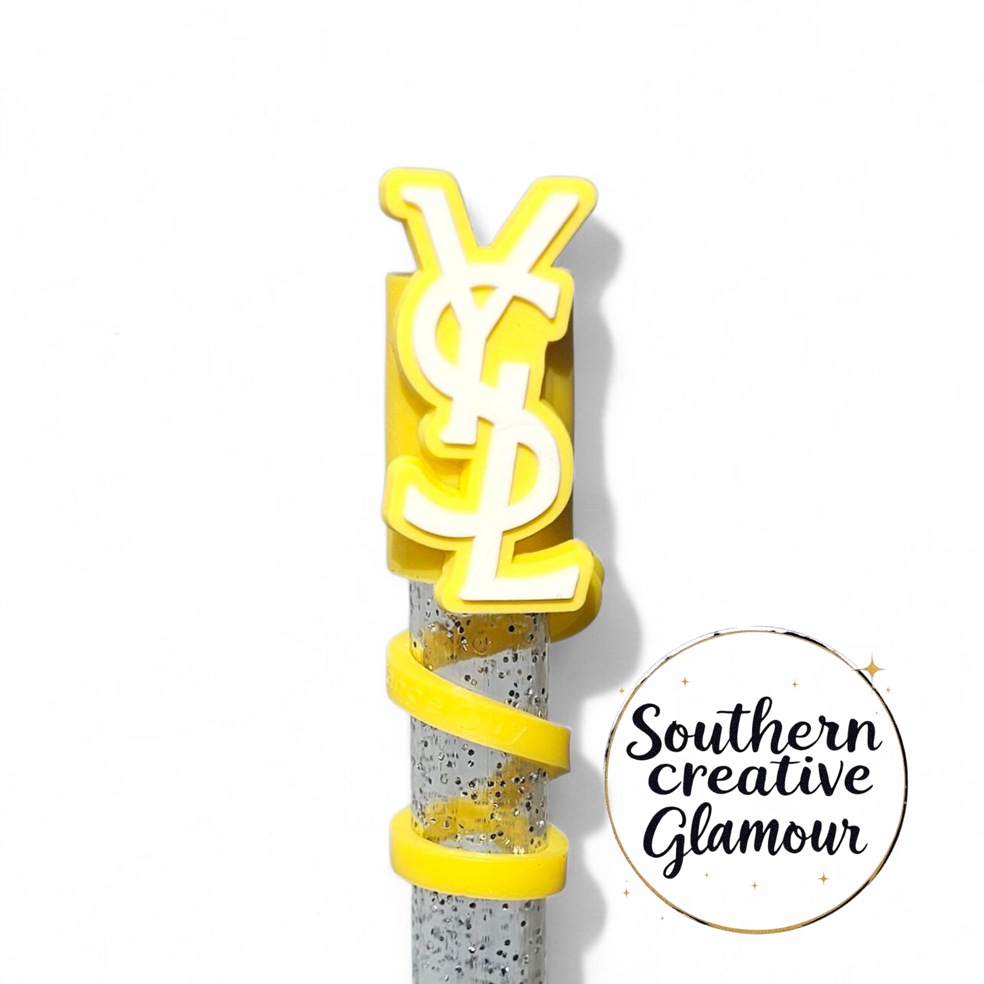 Saint Laurent YSL Yellow & White Fashion 2D Silicone 10mm Straw Topper by Southern Creative Glamour 