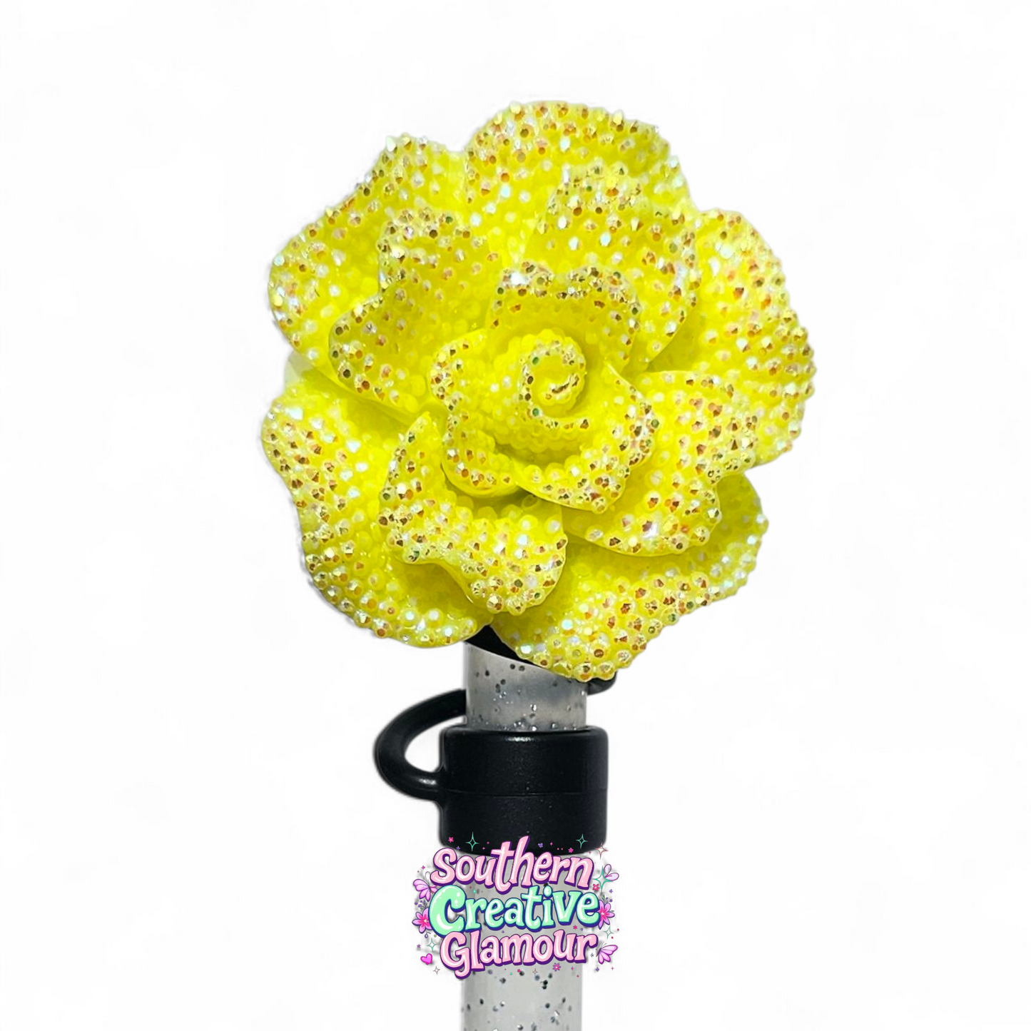 Yellow Glitter Rose 10mm Straw Topper by Southern Creative Glamour 