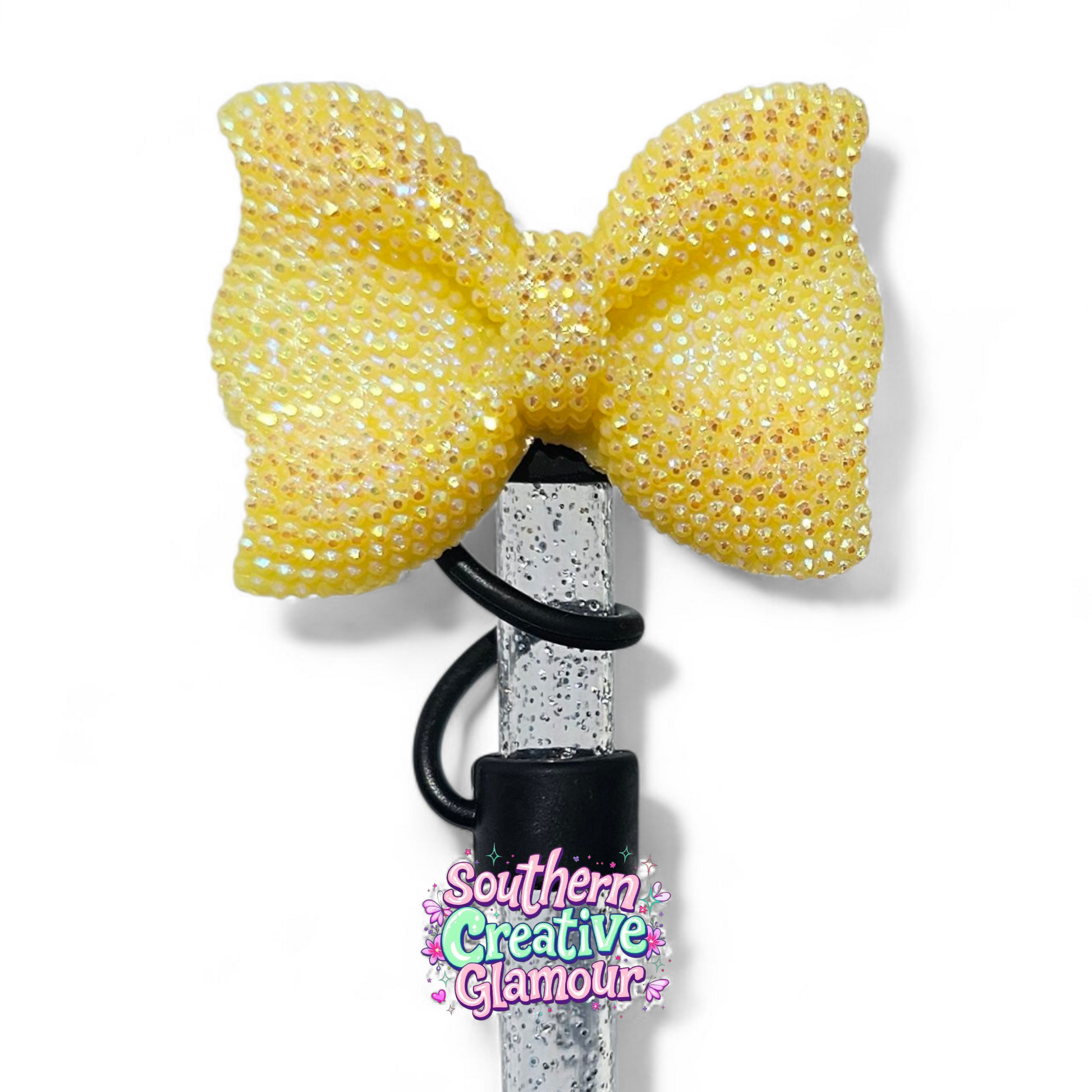 Yellow Glitter Bow Straw Topper by Southern Creative Glamour 
