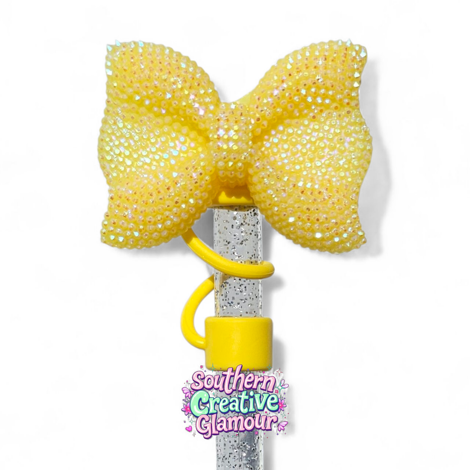 Yellow Glitter Bow Straw Topper by Southern Creative Glamour 