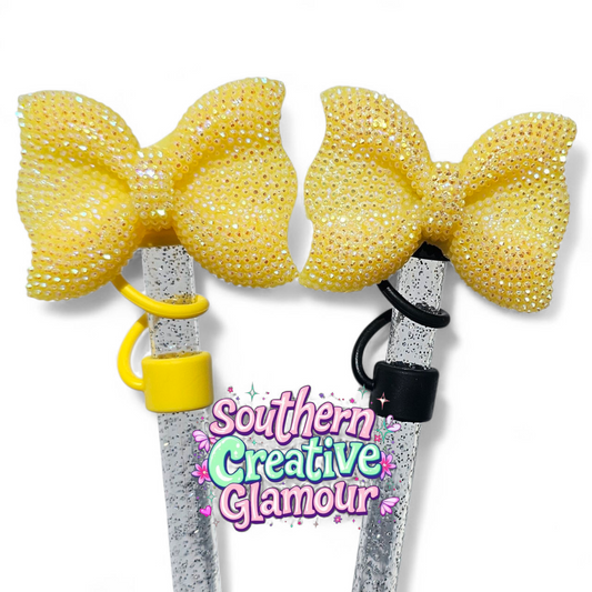 Yellow Glitter Bow Straw Topper by Southern Creative Glamour 