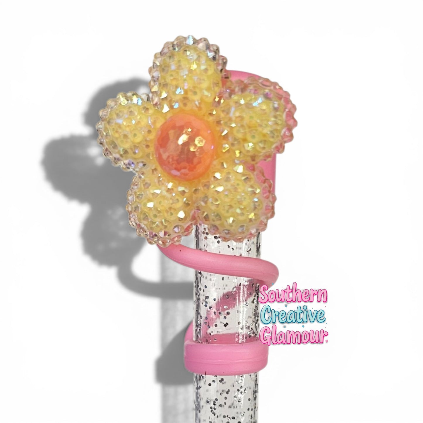 Yellow Glitter Daisy Straw Topper | Fits 10mm Straws 