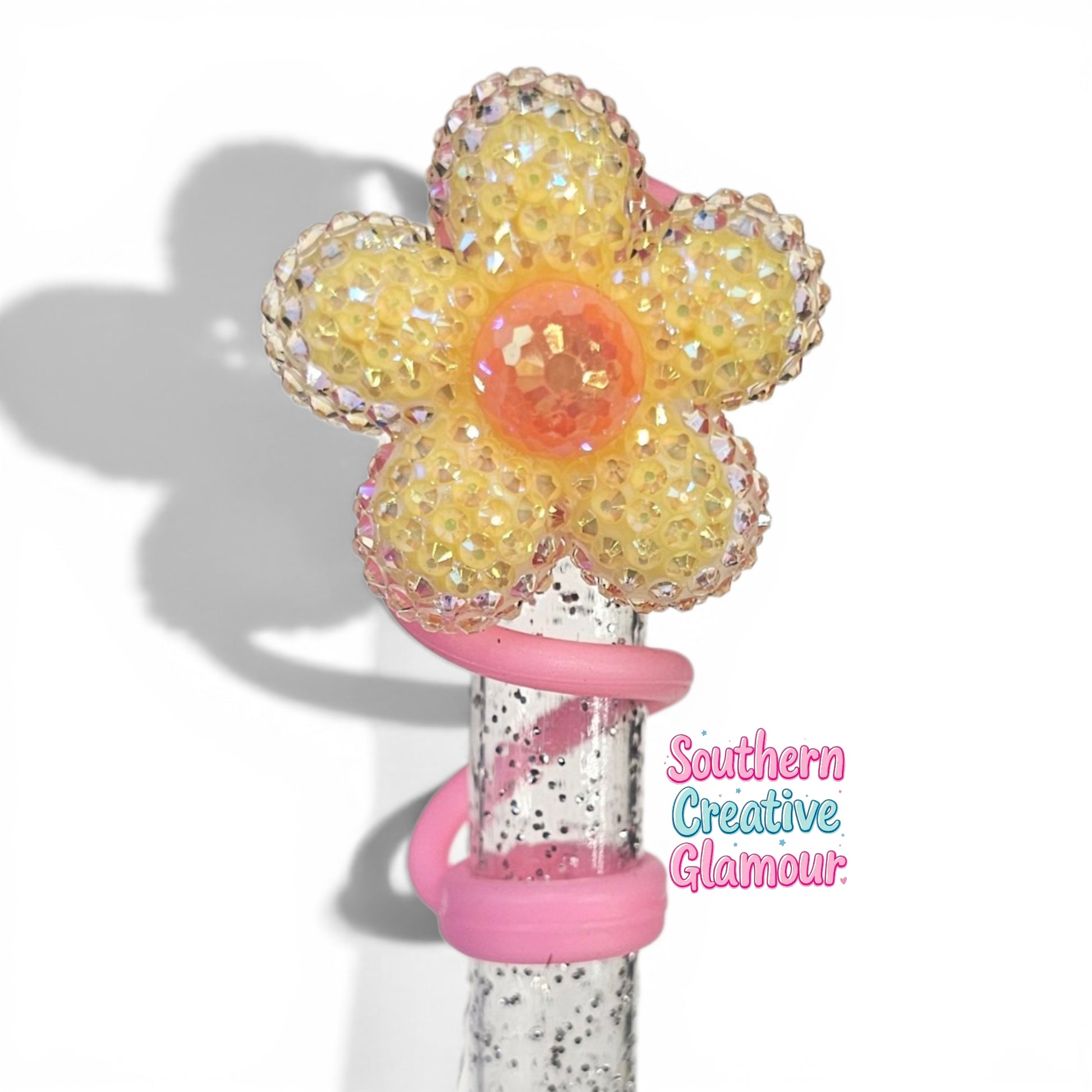 Yellow Glitter Daisy Straw Topper | Fits 10mm Straws 