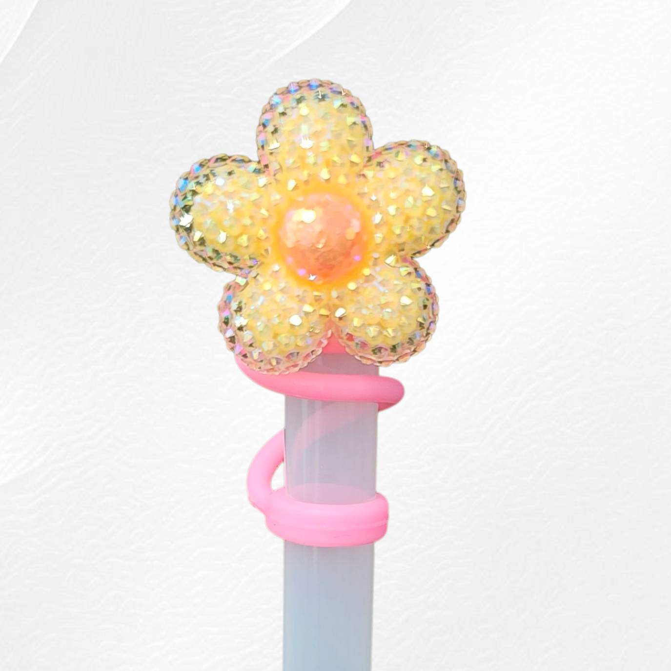 Yellow Glitter Daisy Flower Silicone Straw Topper  - Straw Cover. 