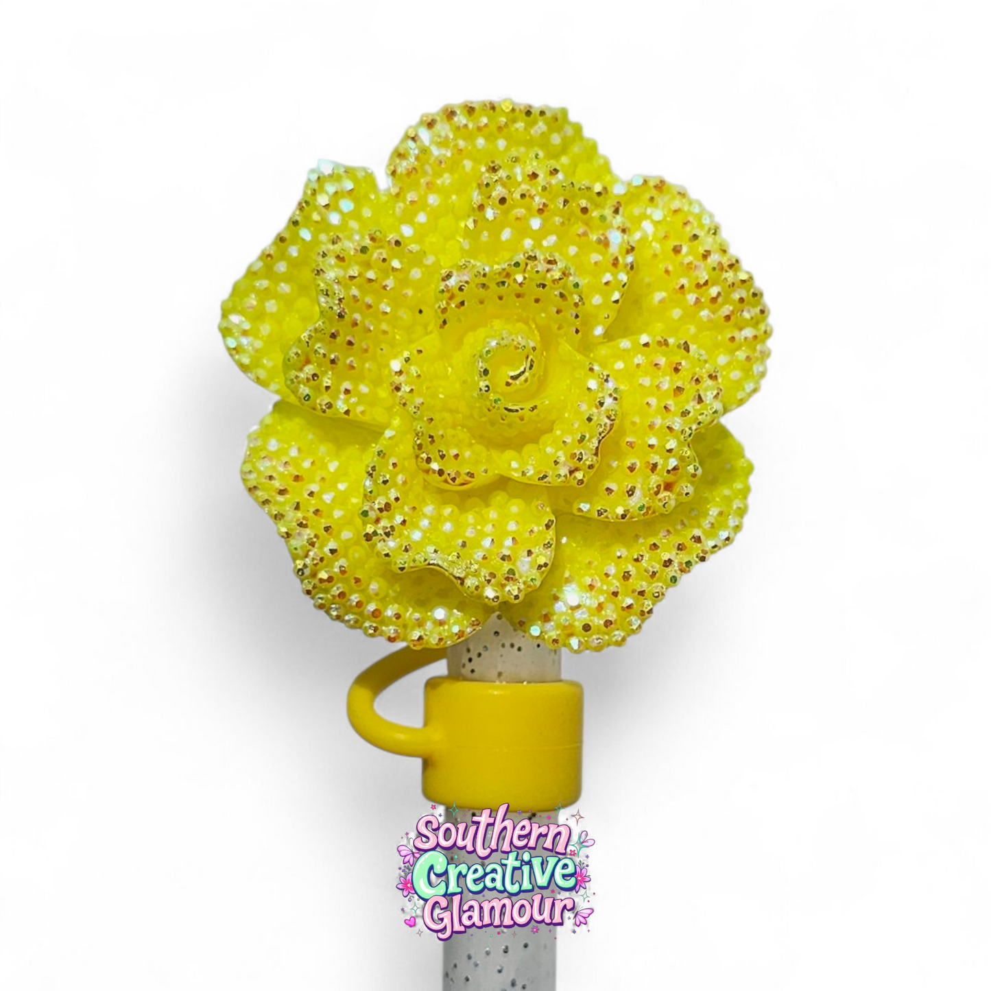 Yellow Glitter Rose 10mm Straw Topper by Southern Creative Glamour 