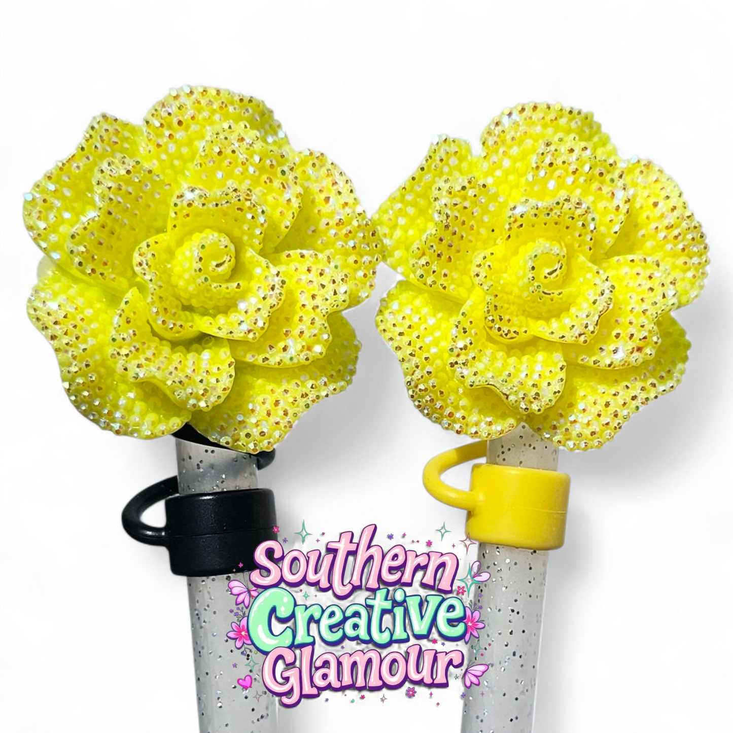 Yellow Glitter Rose 10mm Straw Toppers by Southern Creative Glamour 