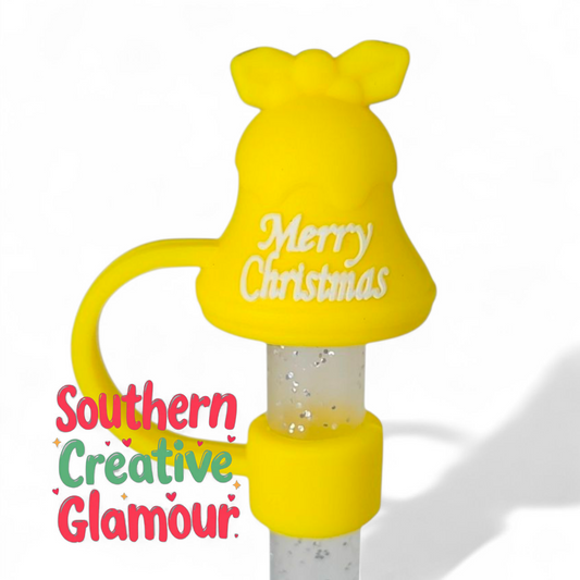 Yellow Merry Christmas Jingle Bell 3D Silicone 10mm Straw Topper by Southern Creative Glamour 